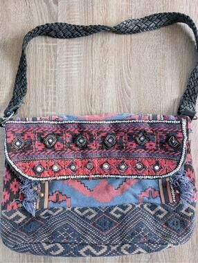 Free People Red and Blue Embroidered Boho Crossbody Bag